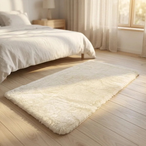 Tapis en fausse fourrure vanille élégant DarianA, doux et moelleux, fabriqué à la machine, tapis d'intérieur moderne 75x150 cm, adapté aux animaux domestiques, respectueux de l'environnement - Product Image 1