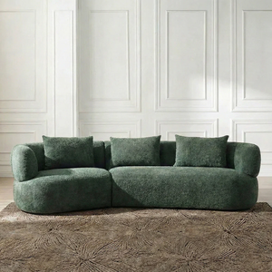 Sofá moderno de tres plazas tapizado en boucle con tela verde, brazos curvos de alta calidad y respaldo con almohadas para sala de estar - Product Image 6