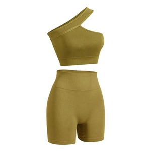 Une épaule récolte régulière femmes Yoga ensemble imprimé écologique respirant 2 pièces entraînement de gymnastique 100% coton - Product Image 5