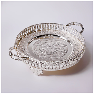 Best Quality Food Serving Tray Glossy Silver Mirrored Finished Stainless Steel Serving Tray With Attractive <b>Golden</b> Handle - Product Image 6