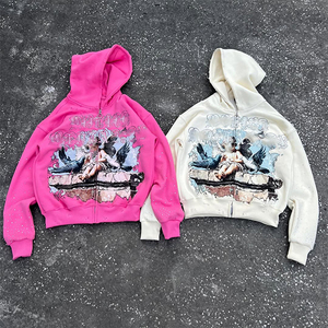 ผู้ผลิตเสื้อผ้าผู้ชายขายส่ง 350% GSM เสื้อฮู้ดดี้แบบซิป พิมพ์ลายสกรีน เสื้อฮู้ดดี้แบบทำเก่า ประดับคริสตัล - Product Image 1