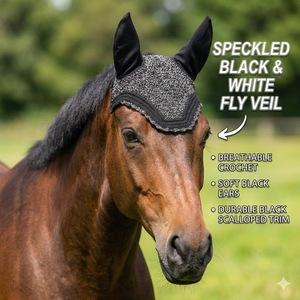 Voile anti-mouches pour cheval en crochet noir et gris, couvre-oreilles faits main, bonnet équestre rembourré doux et confortable, haute qualité pour l'équitation et l'entraînement - Product Image 2