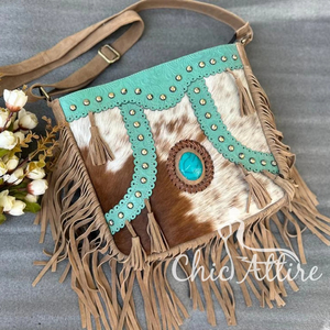 กระเป๋าคาดผมหนังสไตล์ตะวันตกที่เป็นเอกลักษณ์สำหรับผู้หญิงมีสายหนังลายนูนเป็นหนังขนสัตว์กระเป๋าข้างสไตล์วินเทจ - Product Image 1