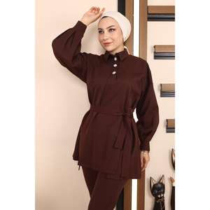 Ensemble décontracté marron 2 pièces MSW19129-5, haut long et jupe midi, tailles XS-XL, en tissu tricoté élasthanne, style club d'hiver, imprimé uni - Product Image 2