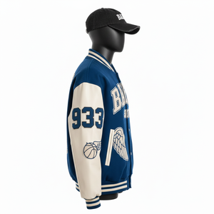 Chaqueta Universitaria para Mujer, Mezcla de Lana, 380 GSM, Paneles Azul Crema, Bordado, Parche de Chenilla, Diseño de Logotipo Personalizado, Chaquetas Universitarias para Mujer - Product Image 3