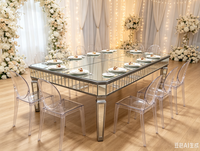 Table à manger en verre miroir 10 places, location pour événements de mariage, hôtel, villa, pliable, qualité supérieure, couleur argent antique, en bois