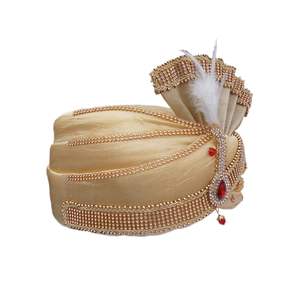 Men Wedding Safa Pagri/Pagdi for Groom (Off-<b>White</b> Golden Colour, Size: 22 to 22.5 Inch) - Product Image 3