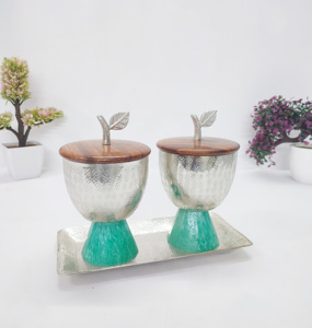 Nickel Plated Hammered Aluminum Nut <b>Bowl</b> Date <b>Bowl</b> <b>with</b> Wooden <b>Lid</b> and resin Base New Concept Premium High Quality <b>Bowls</b> Set/2 - Product Image 2