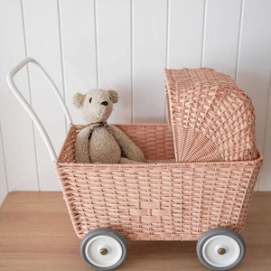 Wagon rond en rotin de style bohème rose doux pour enfants chariot de jouets multifonction écologique avec une capacité de charge de 5kg OEM ODM - Product Image 1