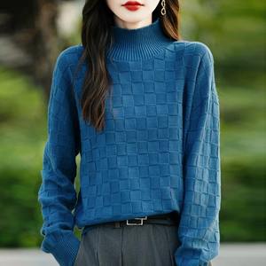 Suéter de Algodón 100% para Mujer, Otoño e Invierno, Cuello Medio Alto, Camisa Moderna con Estampado Cuadrado, Top Holgado de Punto - Product Image 1