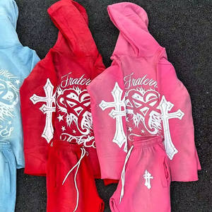 Chándales de algodón OEM Sudadera con capucha Patchwork pantalón hombres chándal para hombres apilados Joggers acampanados hombres dos piezas Jogger conjuntos - Product Image 5