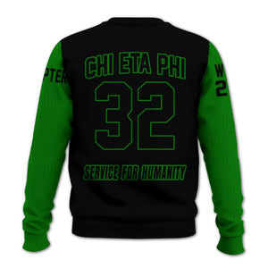 Sweat-shirt à col rond pour homme avec lettres grecques Chi Eta Phi, noir et vert, manches raglan, impression par sublimation, tricot décontracté - Product Image 3