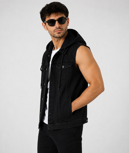 Premium Saleh Enterprises Unisex Vintage Hooded <b>Sleeveless</b> <b>Denim</b> Vest Washed Jean <b>Jacket</b> 100% Cotton Casual Fashion Streetwear - Product Image 1