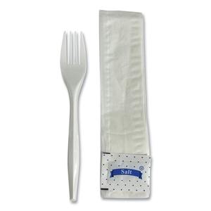 Ensemble d'ustensiles jetables en plastique personnalisable 3 pièces (fourchette, serviette, sachet de sel) Boardwalk BWK3KITMW, blanc, 500/unité, carton - Product Image 2