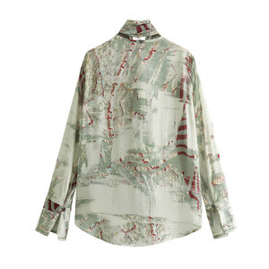 Mujer con Camisa estampada con lazo Vintage cuello redondo manga larga abotonada Blusas femeninas Blusas Chic Tops - Product Image 1