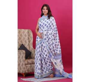 Bloque de mano impreso algodón Mulmul Saree con pieza de blusa adjunta verano suave hecho a mano para fiestas indias y paquistaníes - Product Image 2