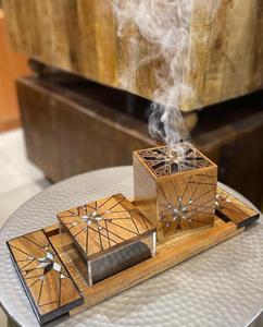 Ensemble de brûleur à bakhoor aromatique en bois d'acacia naturel avec incrustation de résine, artisanal, luxueux, cadeaux pour l'Aïd et le Ramadan, plusieurs couleurs disponibles - Product Image 4