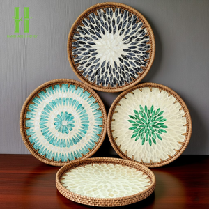 Mother of Pearl Rattan Wicker Tray with Handmade Eco-Friendly Inlay <b>Wooden</b> Base and Handle for Fruit Serving - Product Image 5