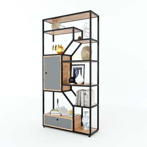 Estante Decorativo de Diseño Industrial Moderno de 90x30x180cm con Gabinete de Madera de Caucho KTB68072, Mueble de Sala de Estar con 5+ Compartimentos - Product Image 3
