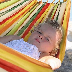 Amaca esterna in cotone arancione/verde/Beige Design a righe 200x80cm con borsa inclusa per il campeggio in giardino e il relax in spiaggia - Product Image 3