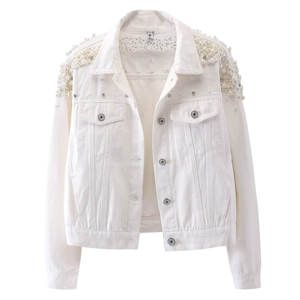 Oversized White <b>Jeans</b> Jacket With Pearls for Women Fashion Wear Casual Turn Down Collar Long Sleeve Winter Spring <b>Jean</b> Jacket - Product Image 1