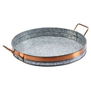 Bandeja de comida de lata galvanizada redonda rústica con acento de madera Bandeja de servicio de metal elegante para cocina Hogar y elementos esenciales de mesa - Product Image 4