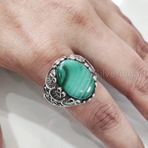 Anillo de Plata de Ley 925 con Malaquita Verde Natural para Hombre, Anillo de Piedra de Nacimiento, Todas las Tallas, Regalo de Navidad Árabe, Venta al por Mayor - Product Image 5