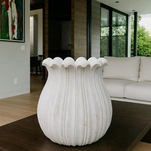 Maceta grande de mármol blanco de lujo para exteriores, maceta hecha a mano con forma de flor tallada, jarrón de piedra, decoración de jardín, césped y Patio Premium - Product Image 3