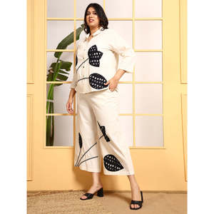 DEEBACO Women's Solid Cotton Plus Size Summer Floral Embroidery Casual Co-Ord Set Calf Length Shirt Ankle Length <b>Palazzo</b> 2-Piece - Product Image 4
