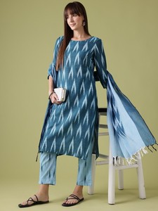 Kurta de algodón puro con estampado Ikat para mujer y pantalones Dupatta indio Pakistán Salwar kameez - Product Image 2