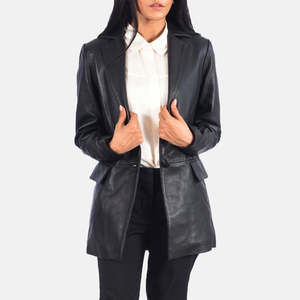GLOBAL LEATHER Women's Winter Notched Collar Double-Breasted Blazer Black Leather <b>Single</b> Button Closure Knitted Weave Embroidery - Product Image 3