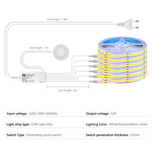 Éclairage d'<span class=keywords><strong>armoire</strong></span> intérieure à économie d'énergie, contrôle tactile intelligent, bande lumineuse LED COB, IP44, 3500K-6000K, DC12V, CRI90, 2 ans - Product Image 5