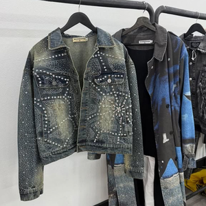 Thick Turn Down Neck Heavyweight Rhinestone Cut and Sew Crystal Streetwear Green Custom Cargo Pocket Windproof Denim <b>Jacket</b> - Product Image 4