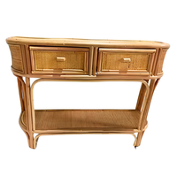 Table console rustique artisanale en rotin naturel et bambou durable avec deux tiroirs spacieux tressés et étagère inférieure pour salon