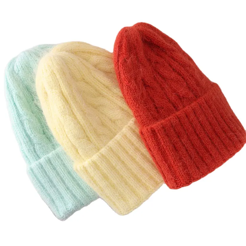 女性のためのウサギの毛皮の冬の帽子ビーニーカシミアウールキャップアンゴラニットスカリービーニー厚く暖かい柔らかいニット帽ボンネット