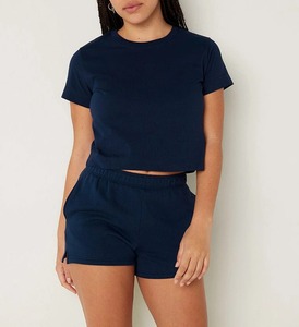 Chándal de verano personalizado de 2 piezas para mujer, conjunto corto de algodón de alta calidad, pantalones cortos en blanco, Conjunto de camiseta recortada para mujer - Product Image 6