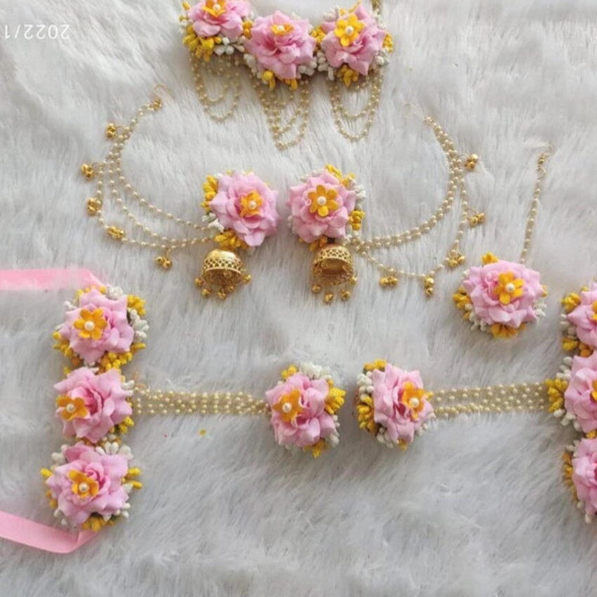 Gotta Patti Flower Jewelry Set: Haldi, Mehndi, & Baby Shower - Yellow & Pink by VIBRANTE APPARELS