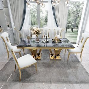 Juego de Mesa de Comedor Rectangular de Acero Inoxidable de Estilo Europeo Moderno y Lujo Ligero para Hoteles, Apartamentos y Restaurantes - Product Image 3