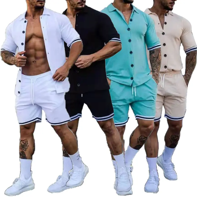 Men Sets New Solid Color Lapel Buttoned Short Sleeve Shirt Shorts Custom Baseball Uniform Set Two Piece Summer Short Set