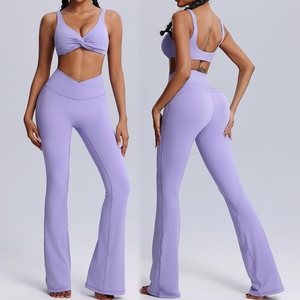 Soutien-gorge et legging 2 pcs Sexy V Neck Sets for Women, 2 PCS Unique Knotted Front Sports Bra with Gym Flared Yoga Pants - Product Image 2