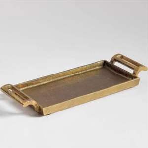 Plateau de service en métal doré antique de luxe avec poignées intégrées, plateau décoratif fini en laiton pour table basse, hôtel et mariage - Product Image 1