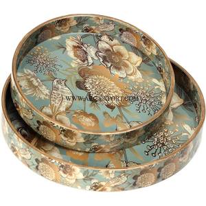 Plateau de service en aluminium argenté de grande taille avec travail en émail Décoration de table de forme ronde Vaisselle Plateaux alimentaires - Product Image 5