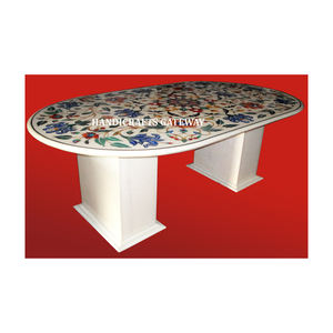 Beau dessus de table d'incrustation de marbre blanc de forme ovale finition de conception unique et antique dessus de conception décorative d'incrustation de marbre poli - Product Image 1