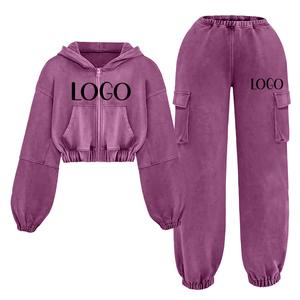 2025 Latest New Design Custom Hip Hop Acid Wash Zip Up Crop <b>Hoodie</b> And Baggy Sweatpants Tracksuit Comfortable Breathable - Product Image 6