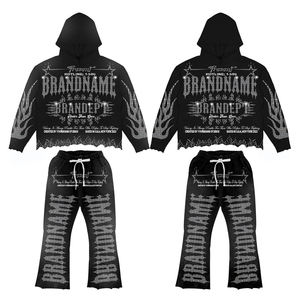 Survêtements pour hommes Boxy Custom Distress Flames Embroidered & Letters Diamond Stones 3MM Wash Hem Less Pullover Hoodie & Flare Pants - Product Image 4