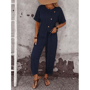 Conjunto de Dos Piezas para Mujer, Blusa de Manga Corta con Detalle Asimétrico y Botones, Pantalones, 35926 - Negro - Product Image 1