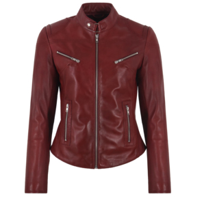 Blouson de motard personnalisé OEM pour femme en cuir véritable, col montant, rouge bordeaux, poches zippées, coupe ajustée, en peau de mouton, vêtement d'extérieur moto - Product Image 6