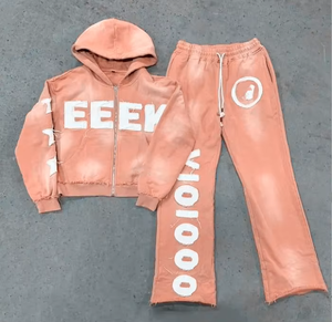 Wholesale Custom Print Vintage Sweatsuit Double Waist Hoodie Stacked Flare Sweatpants <b>Set</b> Baggy Oversized Men Tracksuit - Product Image 2