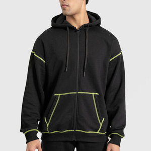 Sweat-shirt à capuche noir pour homme avec fermeture éclair, surpiqûres contrastées néon, coupe classique, cordon de serrage, streetwear décontracté, veste d'hiver brodée - Product Image 1