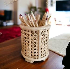 Creative <b>Desktop</b> Rattan <b>Pen</b> <b>Holder</b> Bamboo <b>Holder</b> Bamboo Pencil Organizer With Drawer Desk Organizer for Office School Study Room - Product Image 4